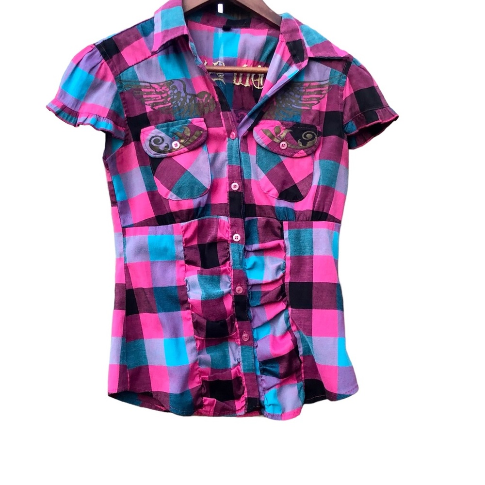 Y2K 90’s Old Skool Womens Shirt Plaid Ruffle Sleeve Sz. Small